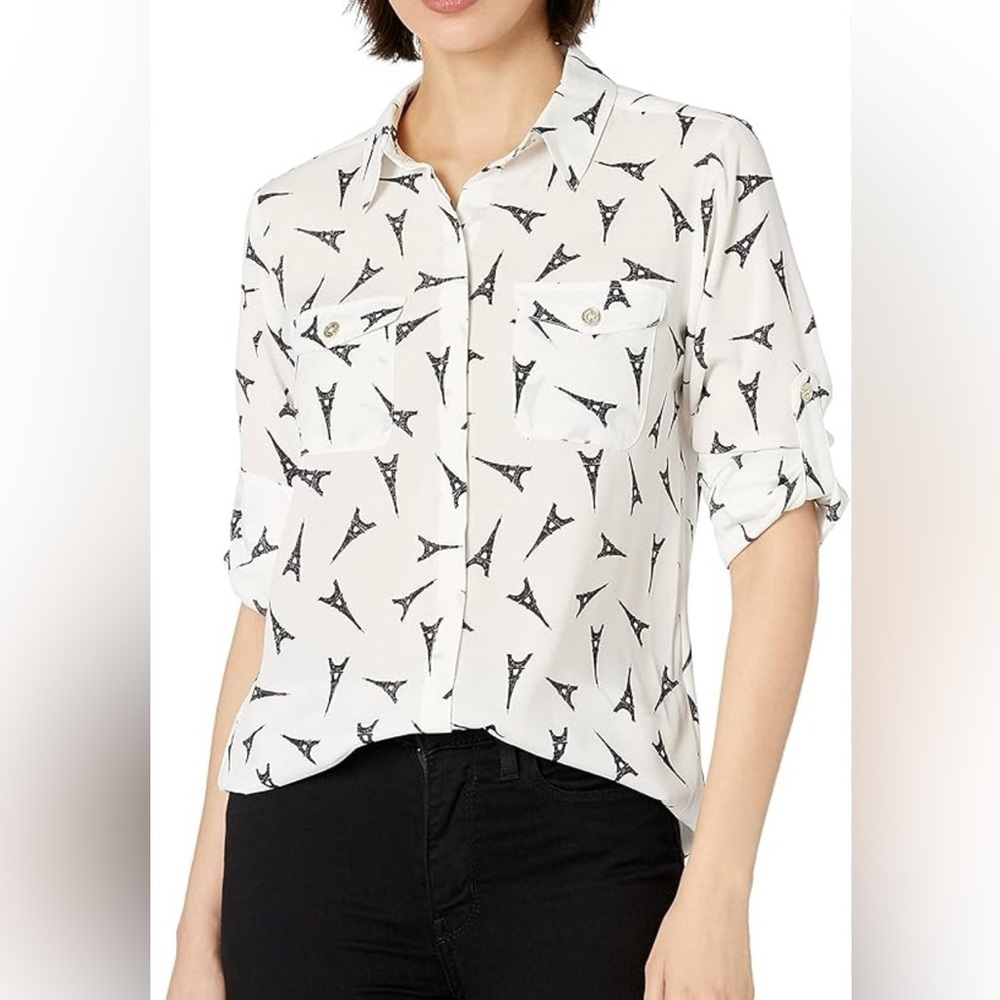 Karl Lagerfeld Novelty Print Eiffel Tower White and Black Button Up Blouse